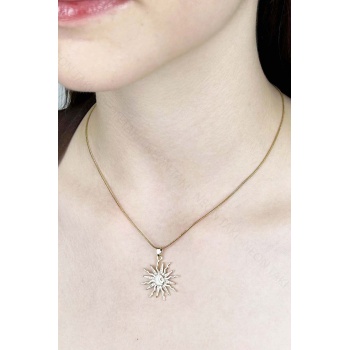 Zirkon Taşlı, Mineli Güneş Figürlü Paslanmaz Çelik Kolye 418, Altın Renk