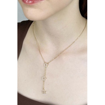 Zirkon Taşlı, Yıldızlı Y Kolye, Paslanmaz Çelik 421, Altın Renk