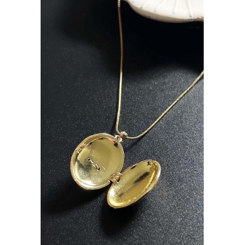 Zirkon Taşlı, Alya, Kapaklı, Paslanmaz Çelik Kolye 424, Altın Renk