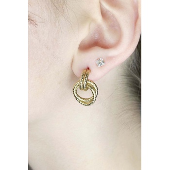 Küpe, Kararmayan Paslanmaz Çelik, Birbirine Geçmeli Halka Model, Altın Renk, Model633