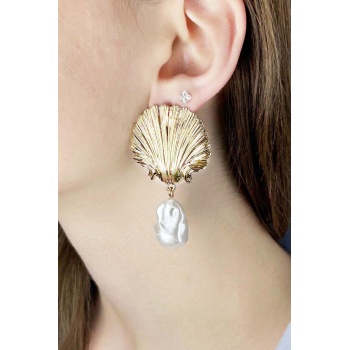 İnci Detaylı, İstiridye Küpe 637, Altın Renk