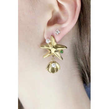 Küpe, Kararmayan Paslanmaz Çelik, Deniz Yıldızı ve İnci Detaylı, Altın Renk, Model638