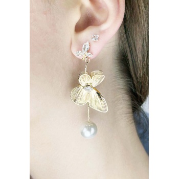 İnci Sallantılı, Çelik Çiçek Küpe 639, Altın Renk