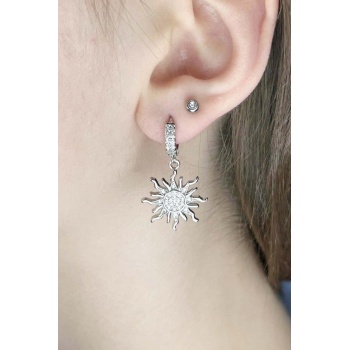 Zirkon Taşlı, Güneş Figürlü Paslanmaz Çelik Küpe 641, Gümüş Renk