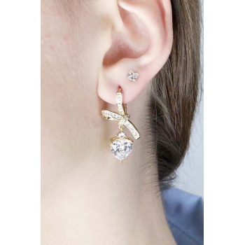 Zirkon Taşlı, Sallantılı Kalp Model, İğnesi Gümüş Küpe 643, Altın Renk