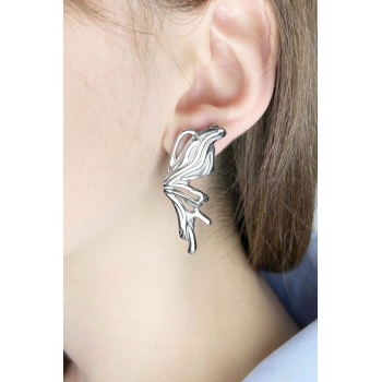 Küpe, Kararmayan Paslanmaz Çelik, Kelebek Detaylı, Gümüş Renk, Model646