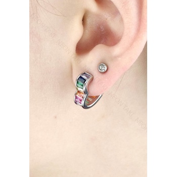 Renkli Taşlı, Kalp Formunda Küpe 647, Gümüş Renk