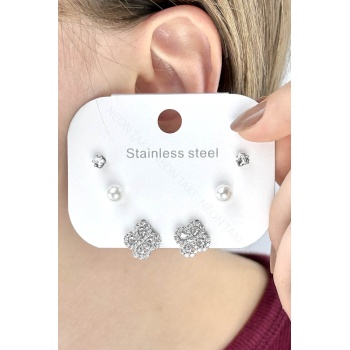 Taşlı, İncili, Yonca Figürlü Set Küpe 652, Gümüş Renk