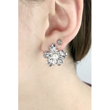 İncili, Çiçek Formunda Paslanmaz Çelik Küpe 654, Gümüş Renk