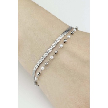 Bileklik, Kararmayan Paslanmaz Çelik, İtalyan Zinciri, İnci Detaylı, Gümüş Renk, Model501