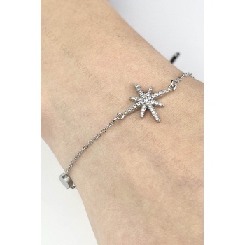 Bileklik, Zirkon Taşlı, Kararmayan Paslanmaz Çelik, Kutup Yıldızı Detaylı, Gümüş Renk, Model509