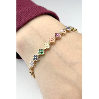 Çok Renkli Taşlı, Çiçek Model Paslanmaz Çelik Bileklik 511, Altın Renk