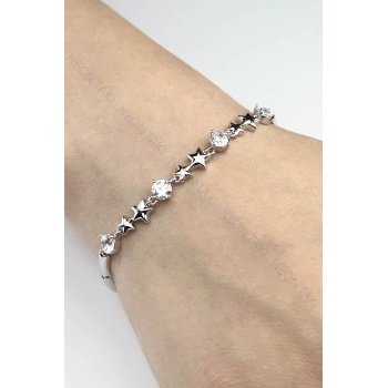 Zirkon Taşlı, Yıldızlı Paslanmaz Çelik Bileklik 512, Gümüş Renk