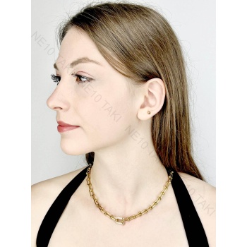 Kolye, Zirkon Taşlı, Kararmayan Paslanmaz Çelik, Orta Tek Halkası Taşlı, Altın Renk, Model104