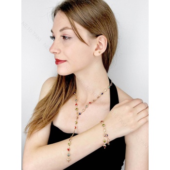 Y Kolye ve Bileklik Seti, 2 parça, Taşlı, Çok Renkli, Kalpli, Set 61, Kasa Altın Renk