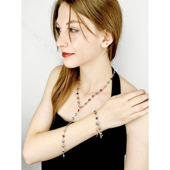 Y Kolye ve Bileklik Seti, 2 parça, Taşlı, Çok Renkli, Kalpli, Set 62, Kasa Gümüş Renk