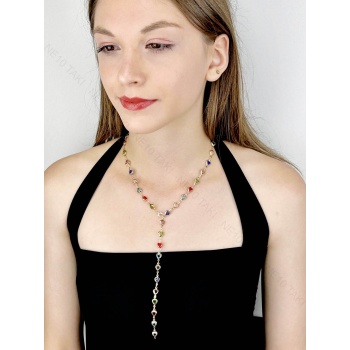 Y Kolye, Taşlı, Çok Renkli, Kalpli, Kolye 432, Kasa Altın Renk