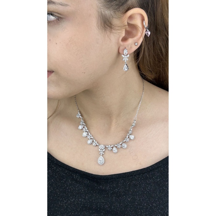 Zirkon Taşlı, Rodyum Kaplama Kolye Küpe Seti 52, Gümüş Renk