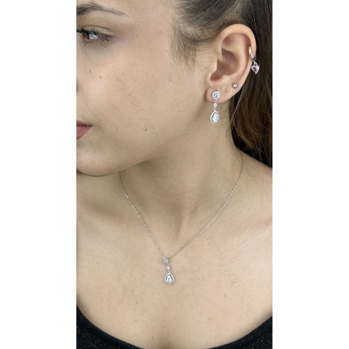 Zirkon Taşlı, Rodyum Kaplama Kolye Küpe Seti 55, Gümüş Renk
