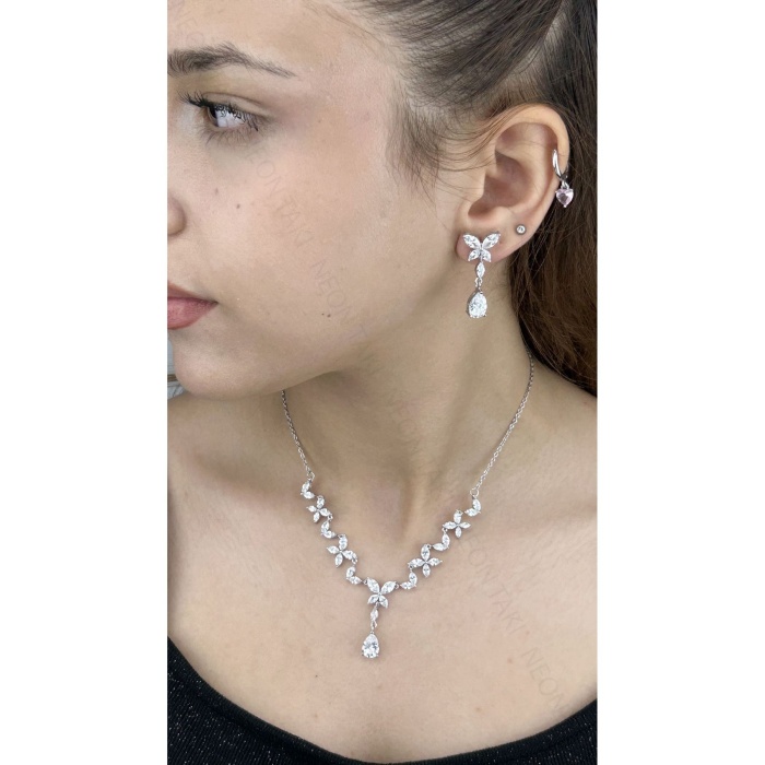 Zirkon Taşlı, Rodyum Kaplama Kolye Küpe Seti 57, Gümüş Renk