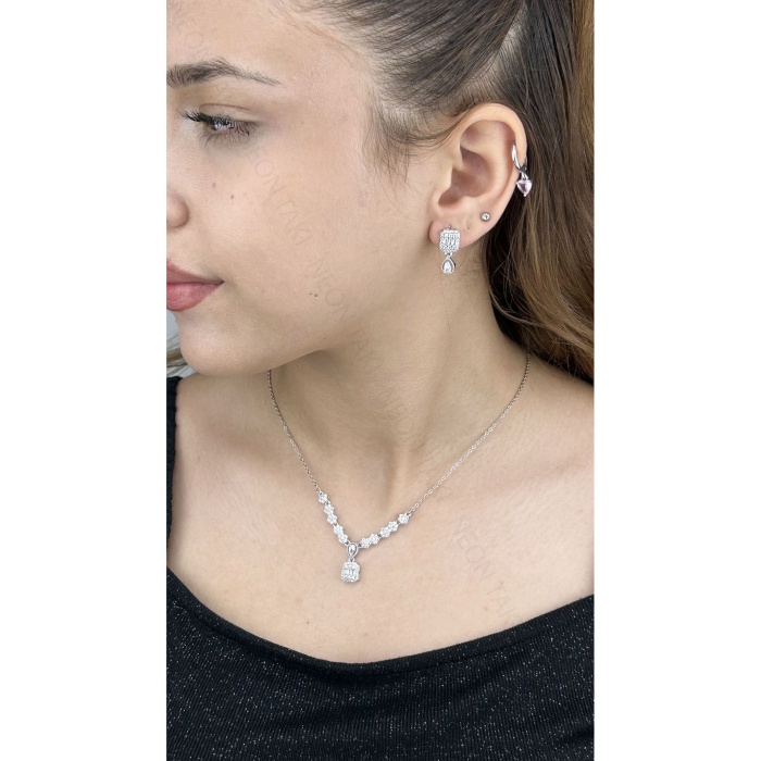 Zirkon Taşlı, Rodyum Kaplama Kolye Küpe Seti 53, Gümüş Renk