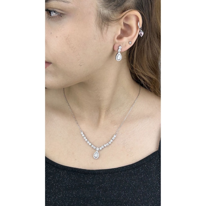 Zirkon Taşlı, Rodyum Kaplama Kolye Küpe Seti 54, Gümüş Renk