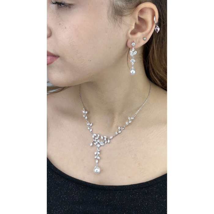 Zirkon Taşlı, Rodyum Kaplama Kolye Küpe Seti 60, Gümüş Renk