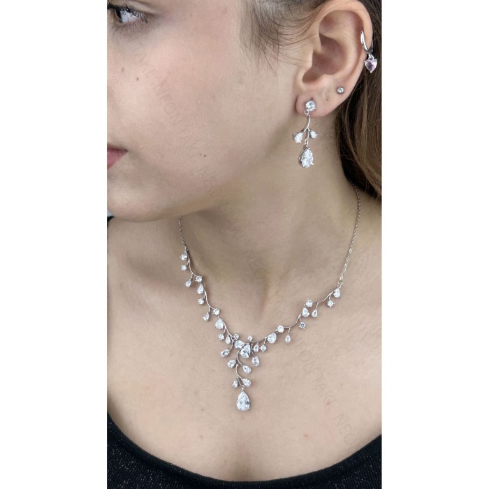 Zirkon Taşlı, Rodyum Kaplama Kolye Küpe Seti 59, Gümüş Renk