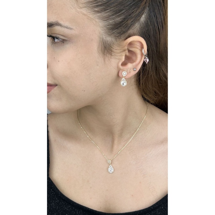 Zirkon Taşlı, Rodyum Kaplama Kolye Küpe Seti 56, Altın Renk