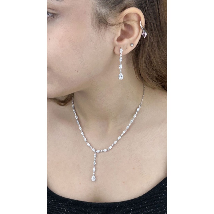 Zirkon Taşlı, Rodyum Kaplama Kolye Küpe Seti 49, Gümüş Renk