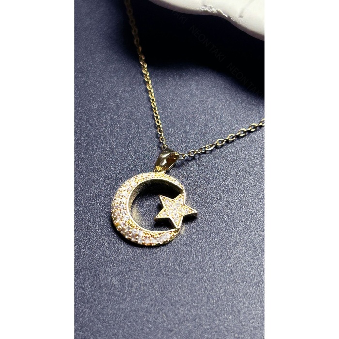 Kolye, Zirkon Taşlı, Kararmayan Paslanmaz Çelik, Ay ve Yıldız Detaylı, Altın Renk, Model401