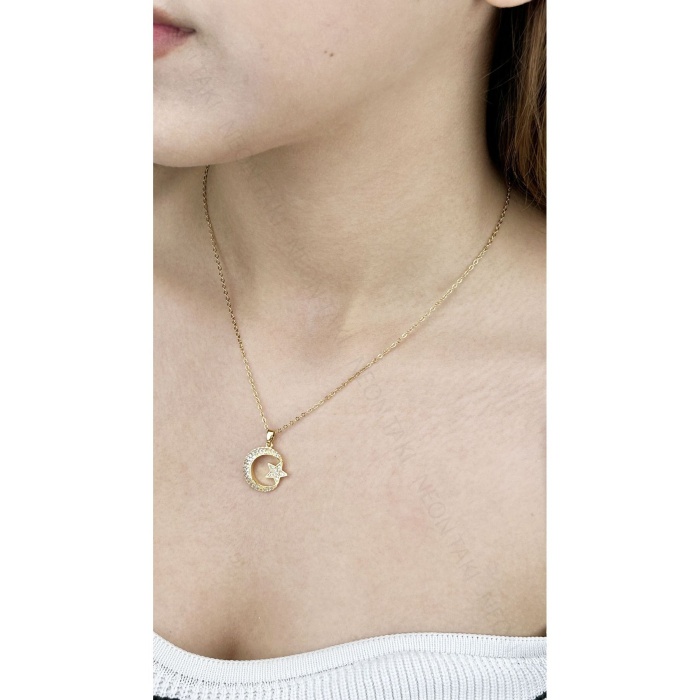 Kolye, Zirkon Taşlı, Kararmayan Paslanmaz Çelik, Ay ve Yıldız Detaylı, Altın Renk, Model401