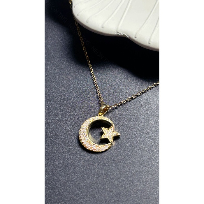 Kolye, Zirkon Taşlı, Kararmayan Paslanmaz Çelik, Ay ve Yıldız Detaylı, Altın Renk, Model401
