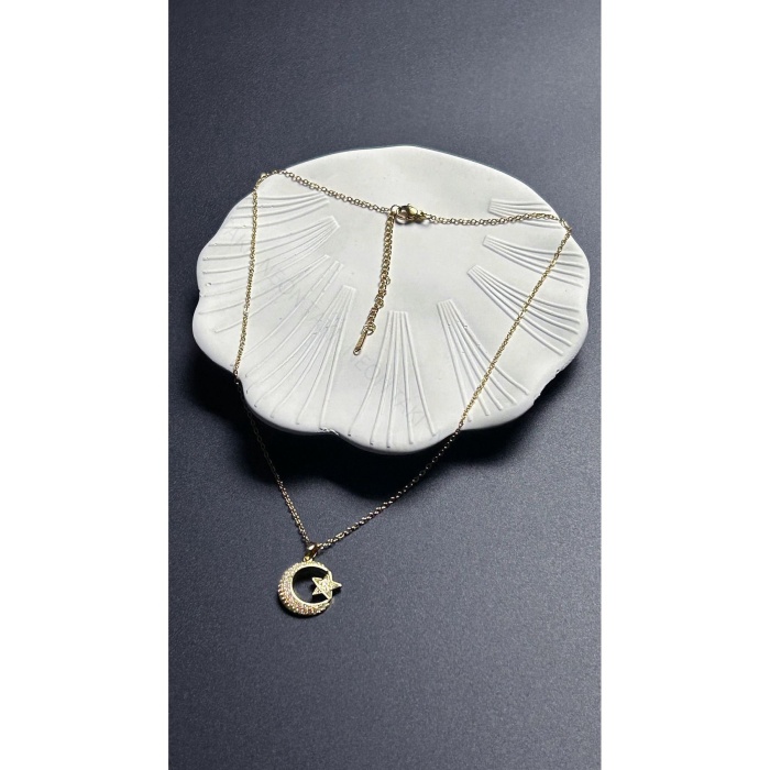 Kolye, Zirkon Taşlı, Kararmayan Paslanmaz Çelik, Ay ve Yıldız Detaylı, Altın Renk, Model401