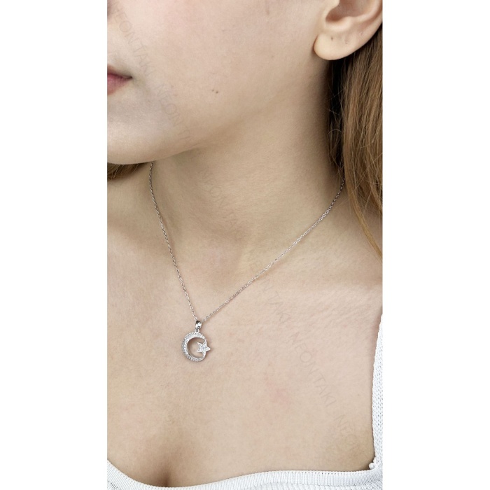 Kolye, Zirkon Taşlı, Kararmayan Paslanmaz Çelik, Ay ve Yıldız Detaylı, Gümüş Renk, Model402