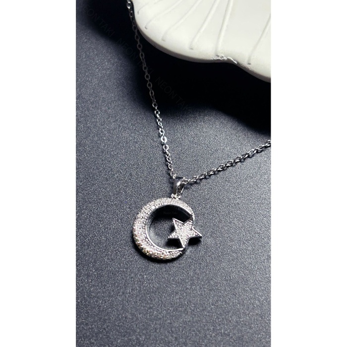 Kolye, Zirkon Taşlı, Kararmayan Paslanmaz Çelik, Ay ve Yıldız Detaylı, Gümüş Renk, Model402