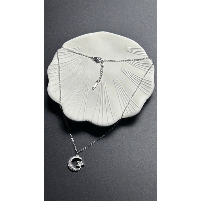 Kolye, Zirkon Taşlı, Kararmayan Paslanmaz Çelik, Ay ve Yıldız Detaylı, Gümüş Renk, Model402