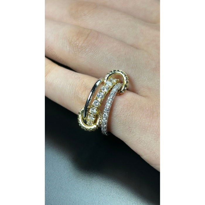 Zirkon Taşlı, Üçlü Yüzük 175, Gümüş ve Altın Renk, Ölçü 19 mm