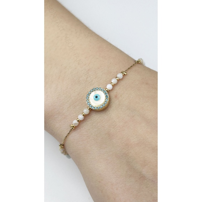 Bileklik, Zirkon Taşlı, Kararmayan Paslanmaz Çelik, Nazar Detaylı, Altın Renk, Model490