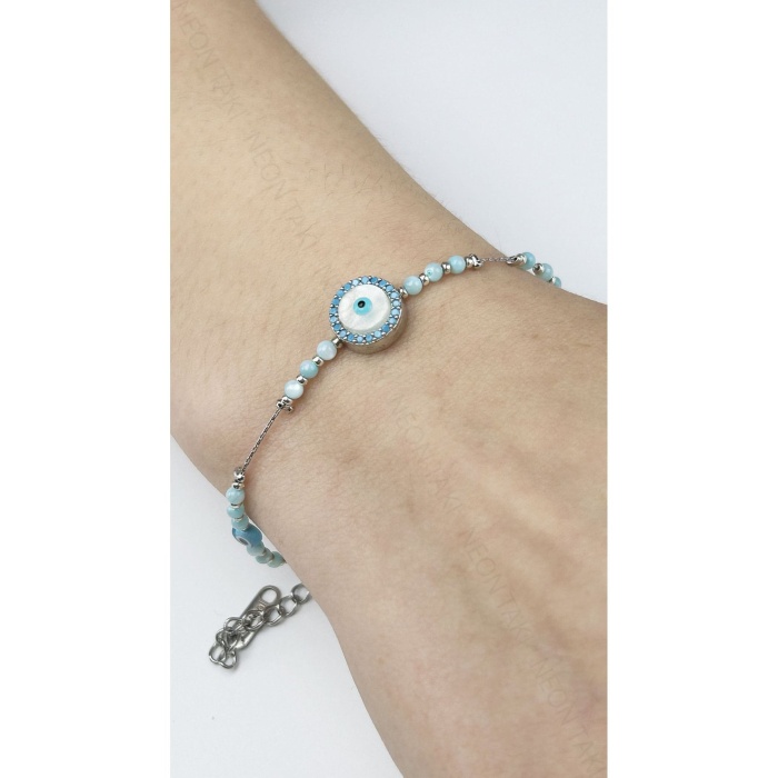 Bileklik, Zirkon Taşlı, Kararmayan Paslanmaz Çelik, Nazar Detaylı, Gümüş Renk, Model491