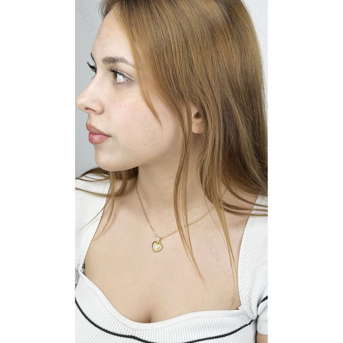 Kolye, Zirkon Taşlı, Kararmayan Paslanmaz Çelik, Kalp Detaylı, Altın Renk, Model359