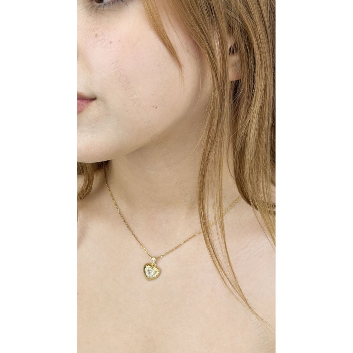 Kolye, Zirkon Taşlı, Kararmayan Paslanmaz Çelik, Kalp Detaylı, Altın Renk, Model359