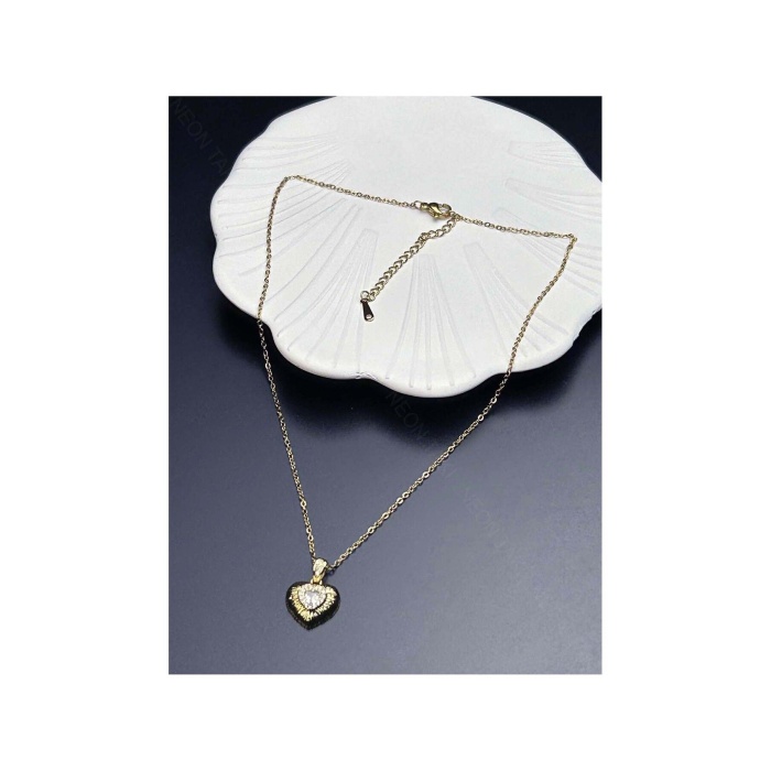 Kolye, Zirkon Taşlı, Kararmayan Paslanmaz Çelik, Kalp Detaylı, Altın Renk, Model359