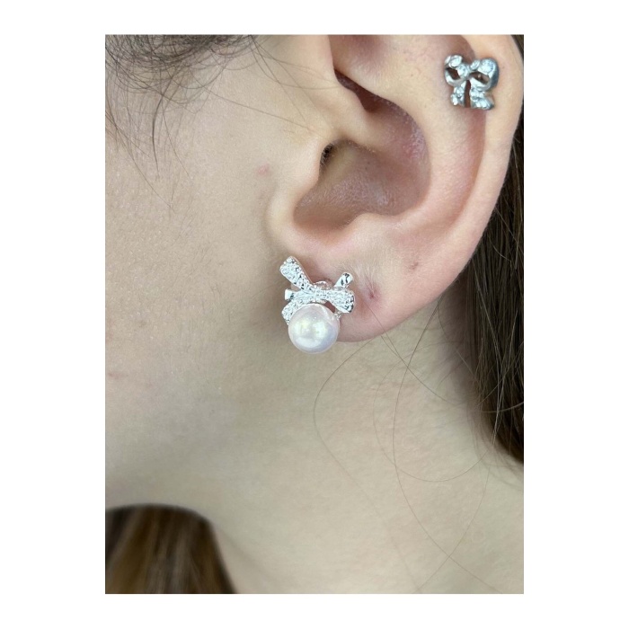 Küpe, Kurdela ve İnci Detaylı, Gümüş Renk, Model591