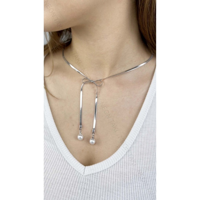 Kolye, Kararmayan Paslanmaz Çelik, Kurdela ve İnci Detaylı, Gümüş Renk, Model356
