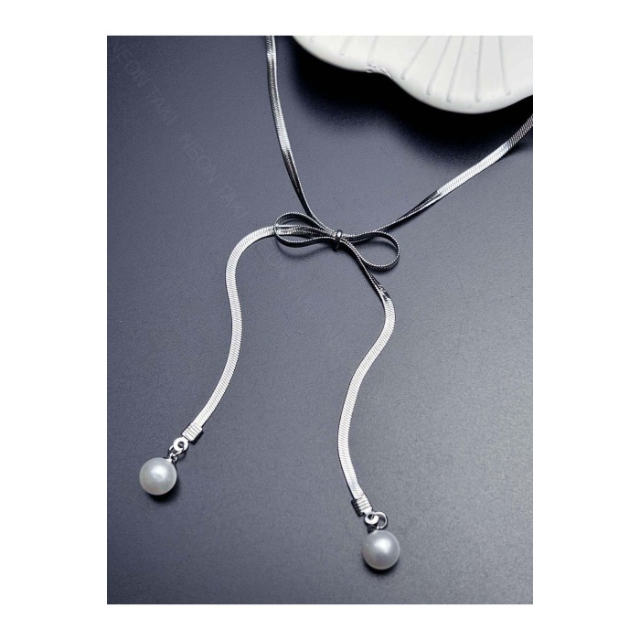 Kolye, Kararmayan Paslanmaz Çelik, Kurdela ve İnci Detaylı, Gümüş Renk, Model356