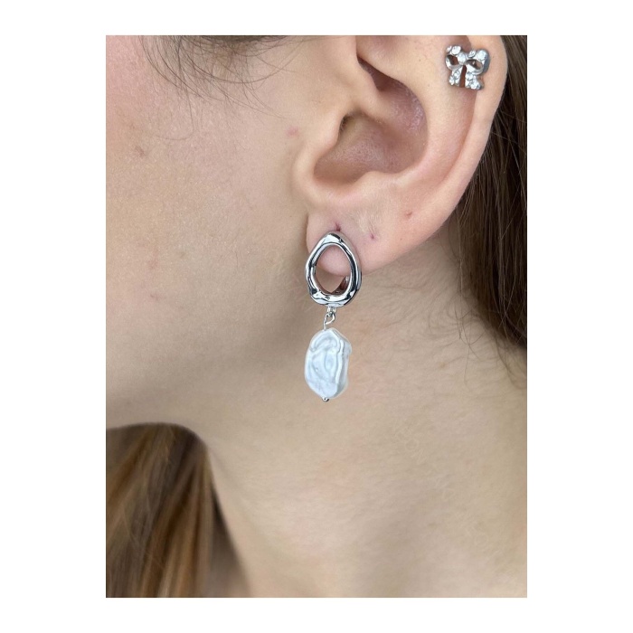 Küpe, Kararmayan Paslanmaz Çelik, İnci Detaylı, Gümüş Renk, Model585