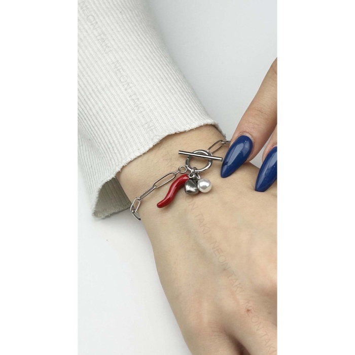 Bileklik, Kararmayan Paslanmaz Çelik, Napoli Boynuzu, İnci ve Kalp Detaylı, Gümüş Renk, Model466