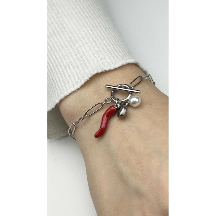 Bileklik, Kararmayan Paslanmaz Çelik, Napoli Boynuzu, İnci ve Kalp Detaylı, Gümüş Renk, Model466