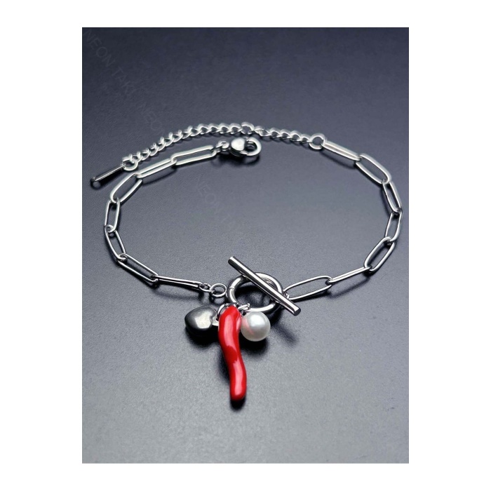 Bileklik, Kararmayan Paslanmaz Çelik, Napoli Boynuzu, İnci ve Kalp Detaylı, Gümüş Renk, Model466